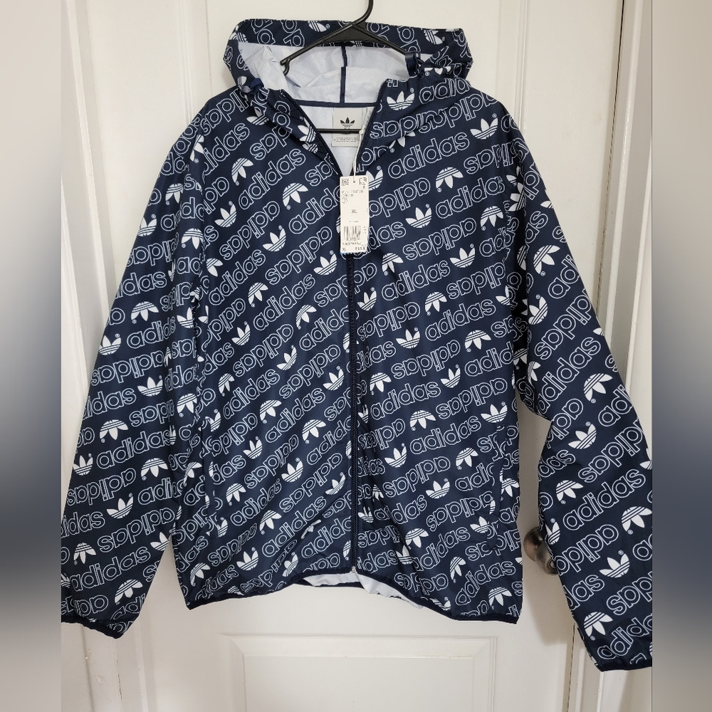 NEW ADIDAS MEN’S MONOGRAM WINDBREAKER TRACK JACKET HOODY FULL ZIP NAVY BLUE XL